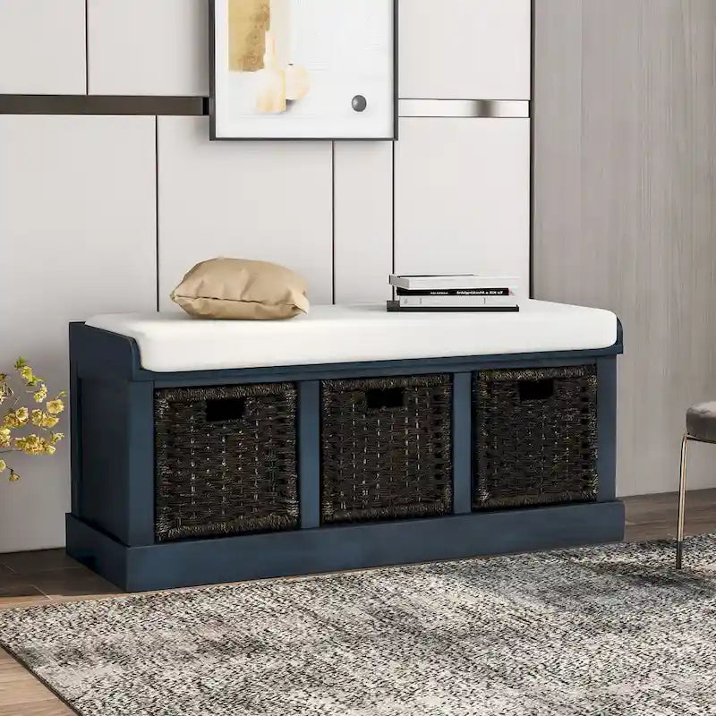 Rustic Storage Bench with 3 Removable Rattan Basket