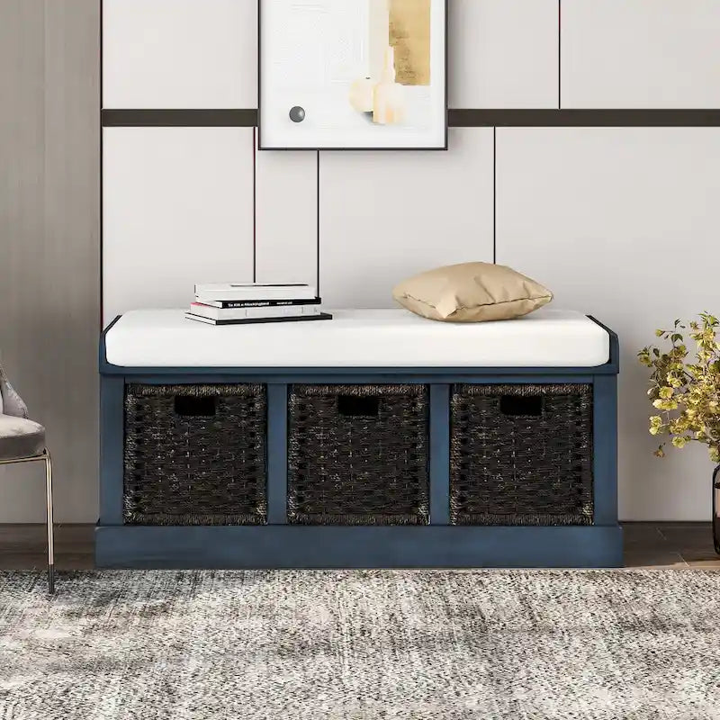 Rustic Storage Bench with 3 Removable Rattan Basket