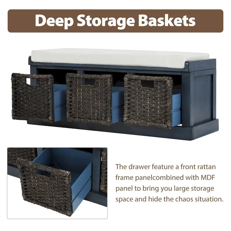 Rustic Storage Bench with 3 Removable Rattan Basket