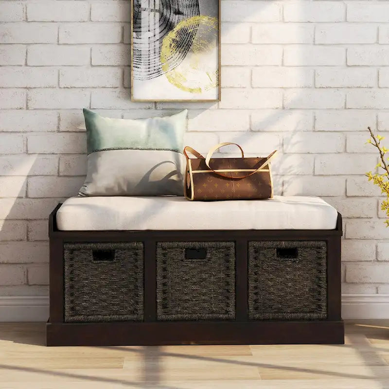 Rustic Storage Bench with 3 Removable Rattan Basket