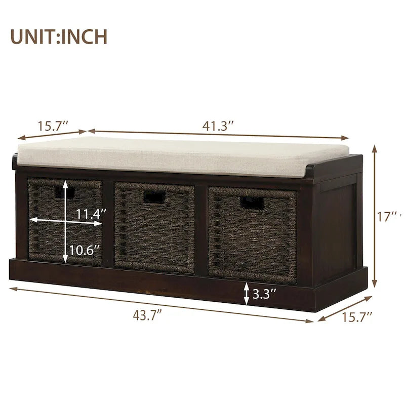 Rustic Storage Bench with 3 Removable Rattan Basket