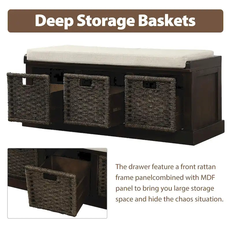 Rustic Storage Bench with 3 Removable Rattan Basket