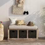 Rustic Storage Bench with 3 Removable Rattan Basket