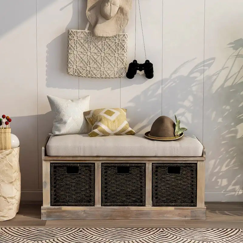 Rustic Storage Bench with 3 Removable Rattan Basket