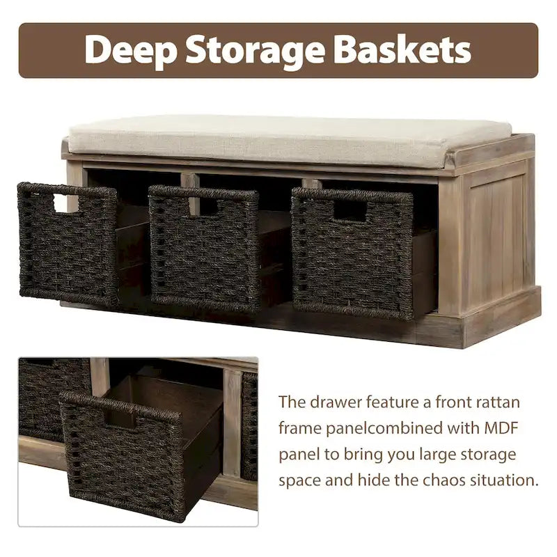 Rustic Storage Bench with 3 Removable Rattan Basket
