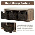 Rustic Storage Bench with 3 Removable Rattan Basket
