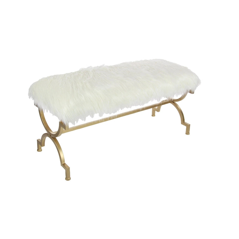 Metal Bench with White Faux Fur Top - Gold - Roche River Dcor. - 17Wx42Lx20H
