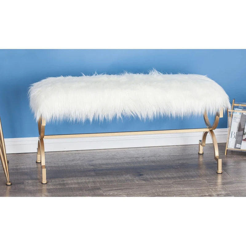 Metal Bench with White Faux Fur Top - Gold - Roche River Dcor. - 17Wx42Lx20H