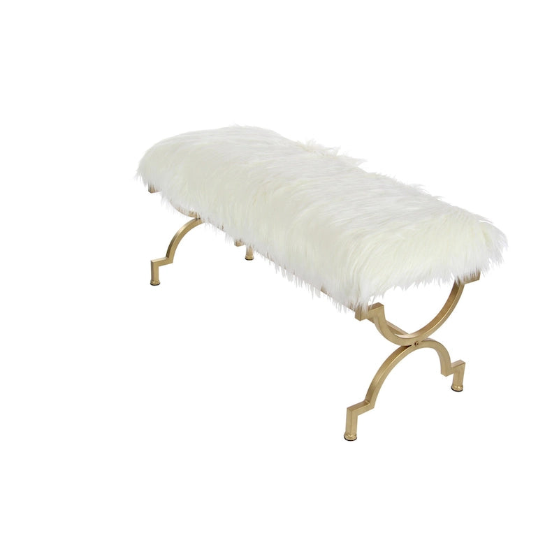 Metal Bench with White Faux Fur Top - Gold - Roche River Dcor. - 17Wx42Lx20H