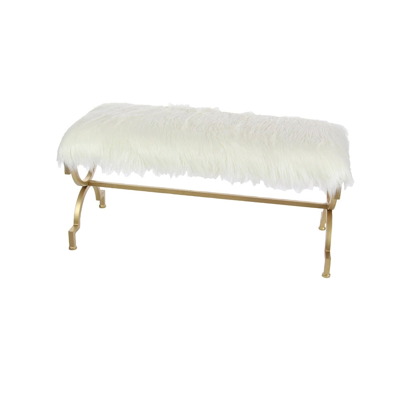 Metal Bench with White Faux Fur Top - Gold - Roche River Dcor. - 17Wx42Lx20H
