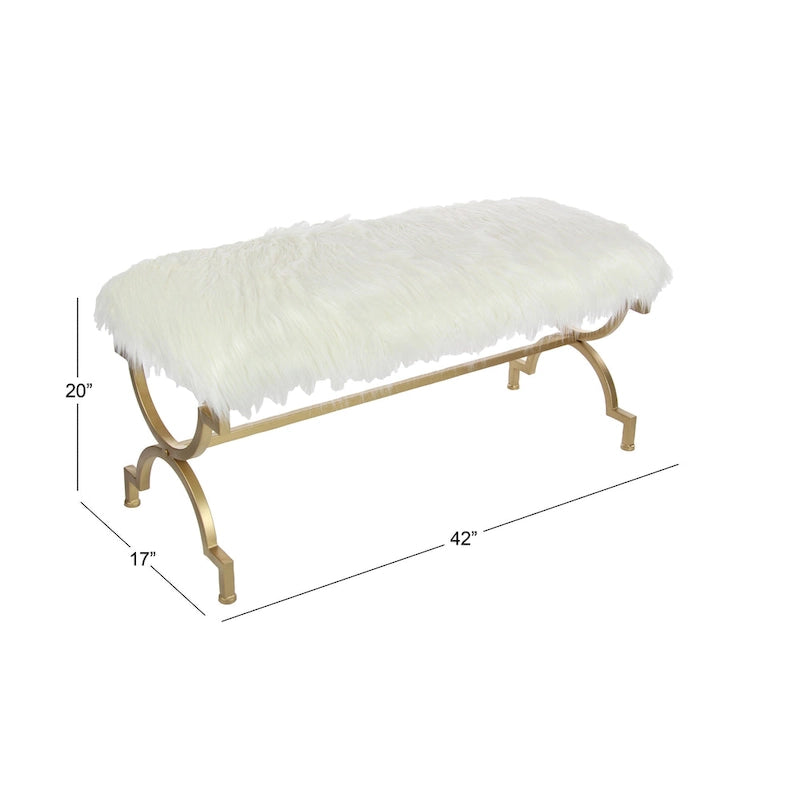 Metal Bench with White Faux Fur Top - Gold - Roche River Dcor. - 17Wx42Lx20H