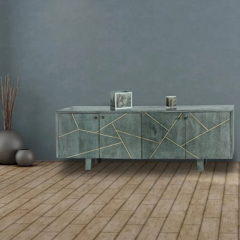 Grey and Gold-Colored Wood Cabinet with Metal Hardware - 54 x 13 x 20