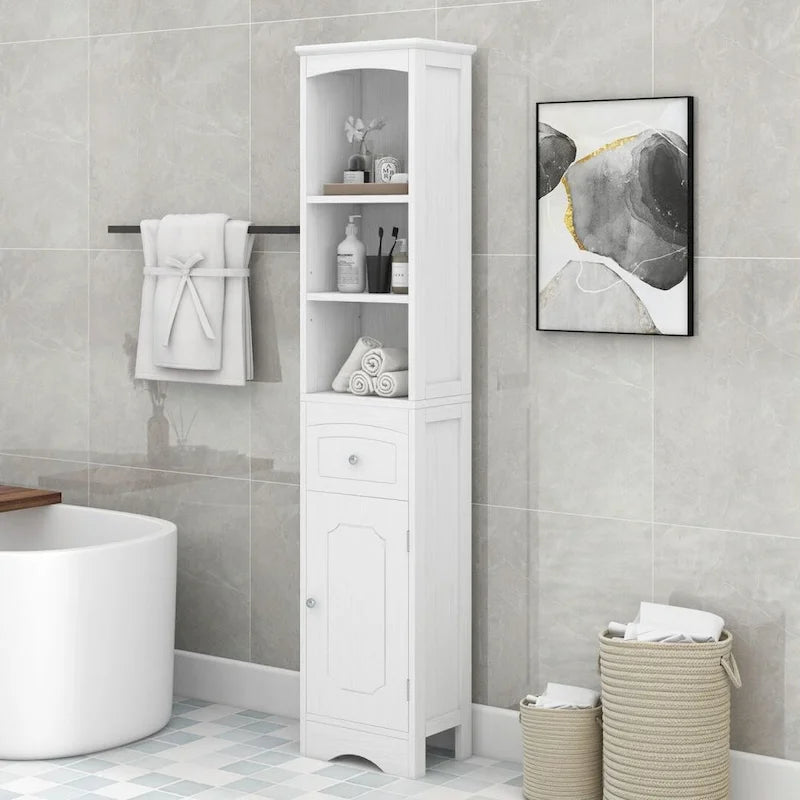 White/Grey Freestanding Linen Tower with 3-Tier Shelves - Space Saver Cabinet