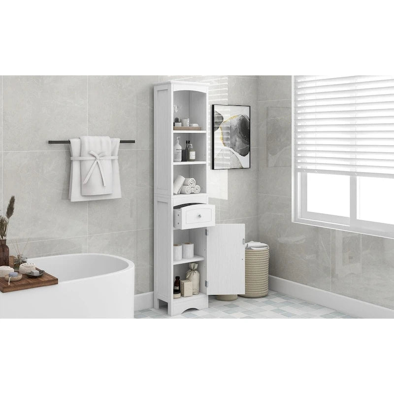 White/Grey Freestanding Linen Tower with 3-Tier Shelves - Space Saver Cabinet