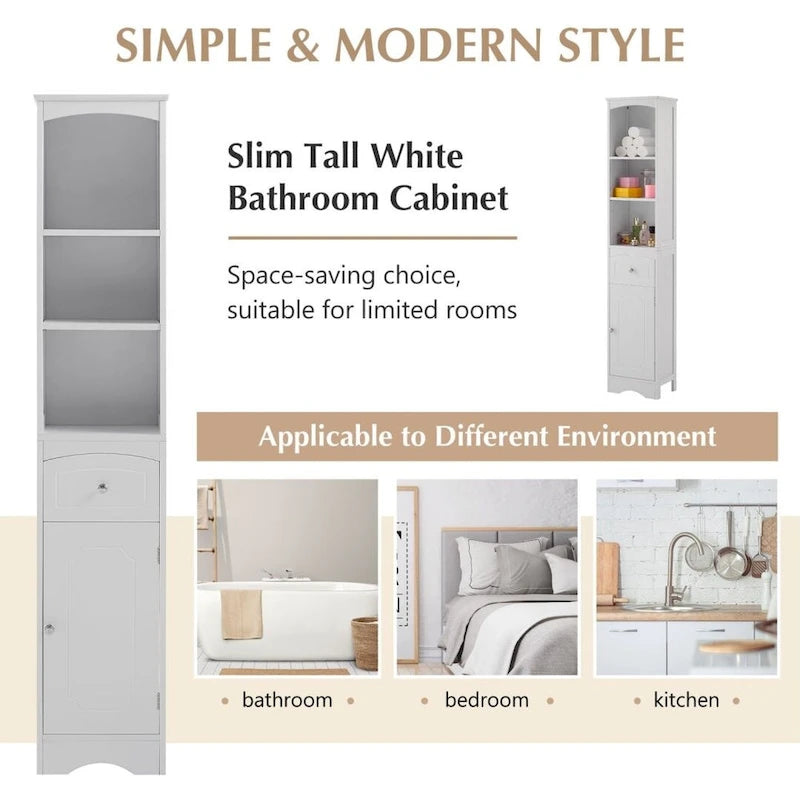 White/Grey Freestanding Linen Tower with 3-Tier Shelves - Space Saver Cabinet