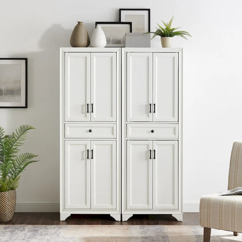 White Distressed 2-Piece Pantry Cabinet Set