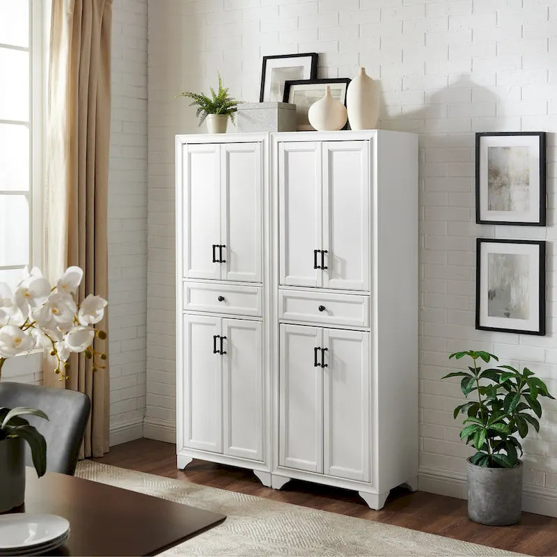 White Distressed 2-Piece Pantry Cabinet Set