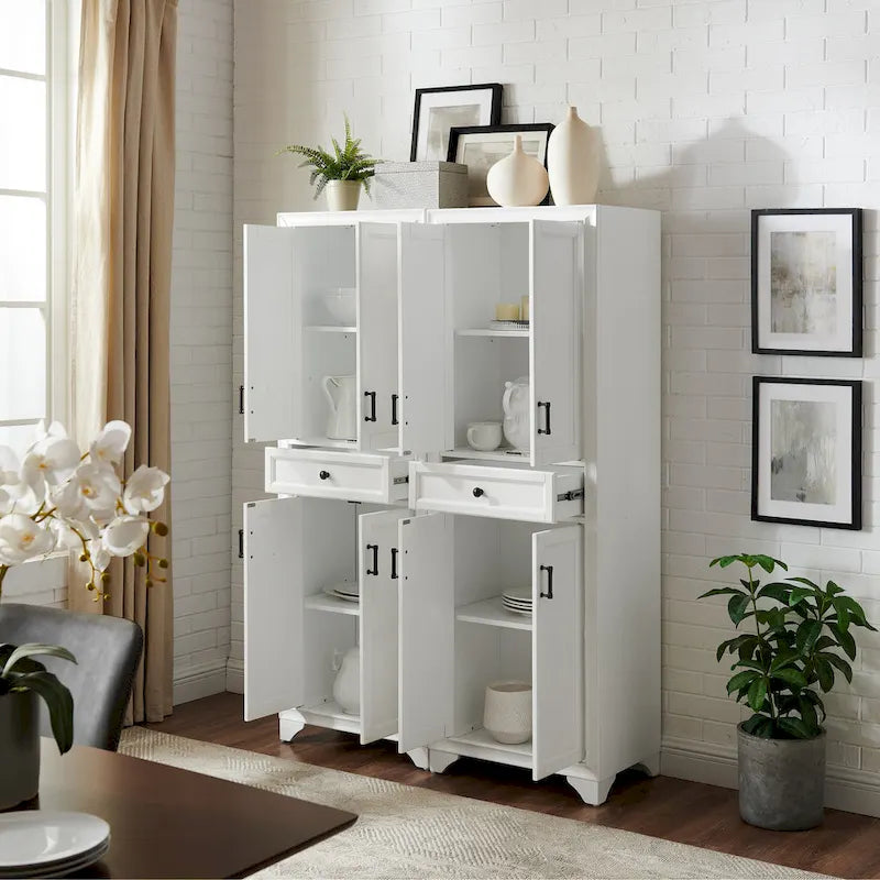 White Distressed 2-Piece Pantry Cabinet Set