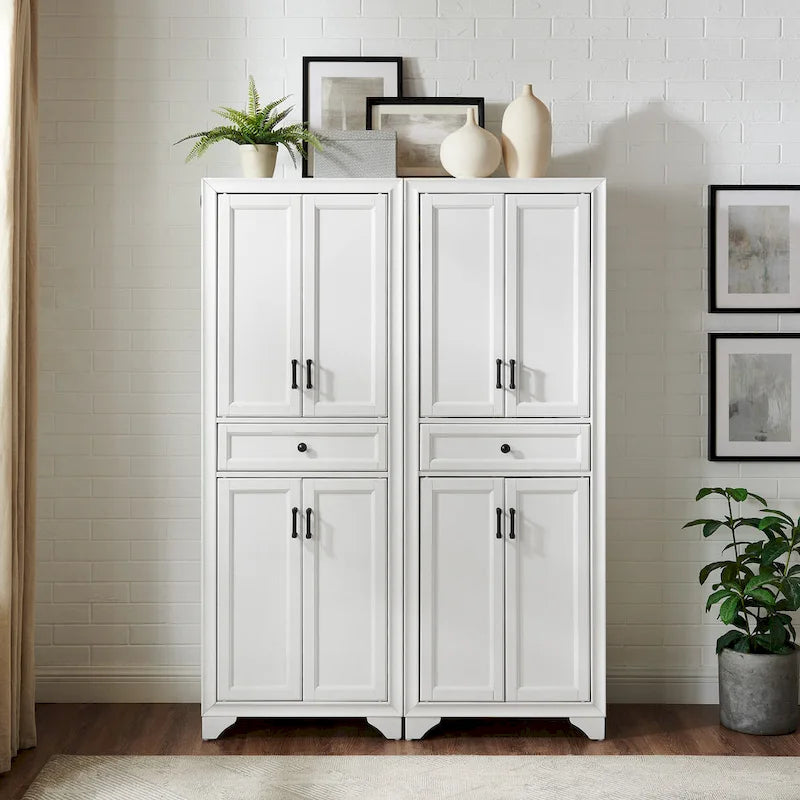 White Distressed 2-Piece Pantry Cabinet Set