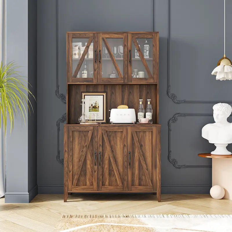 White Kitchen Pantry Cabinet with Glass Doors and Drawers