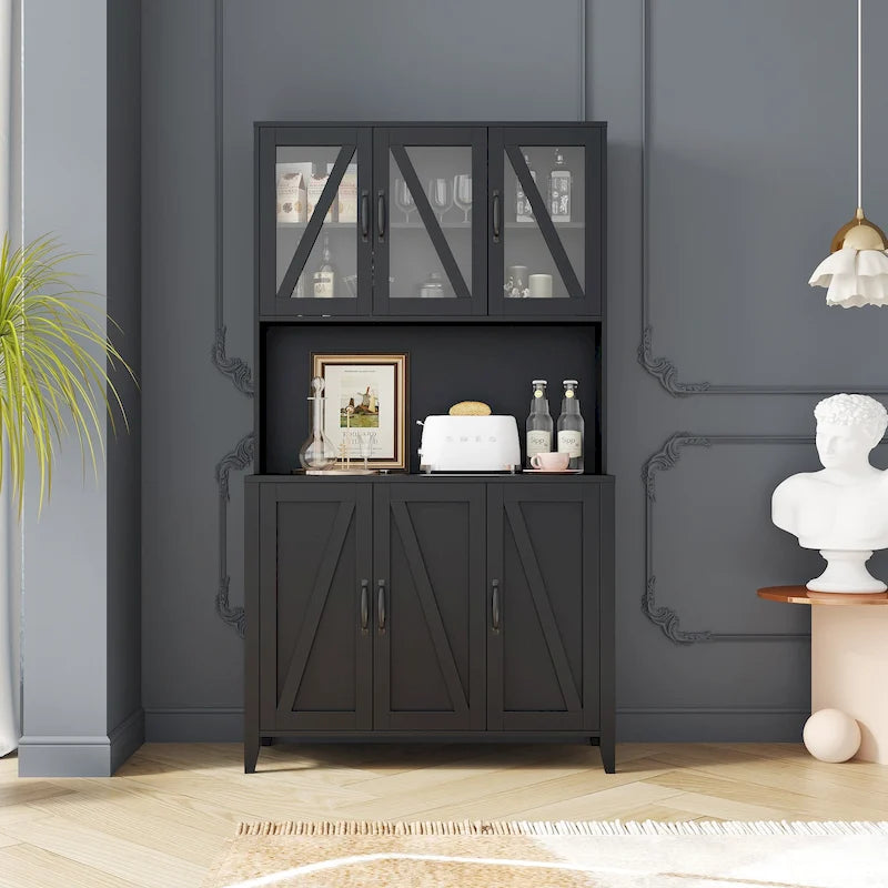 White Kitchen Pantry Cabinet with Glass Doors and Drawers