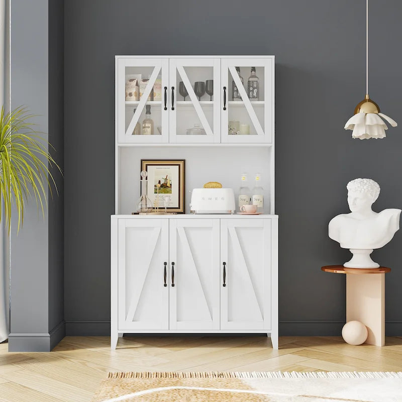 White Kitchen Pantry Cabinet with Glass Doors and Drawers