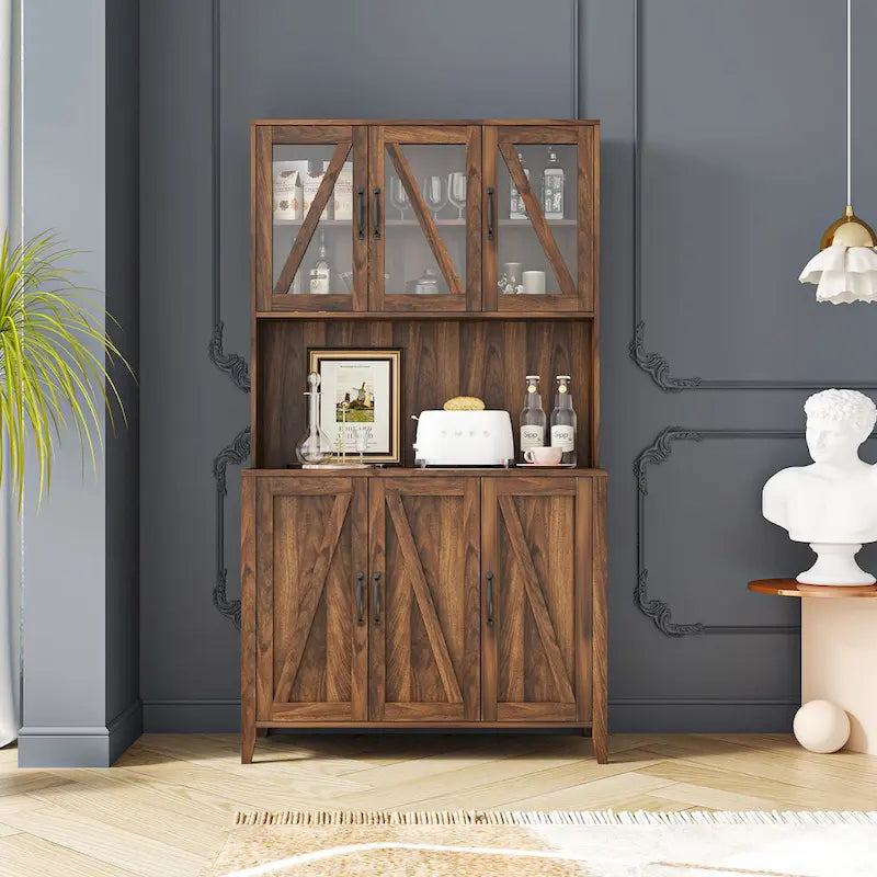 White Kitchen Pantry Cabinet with Glass Doors and Drawers