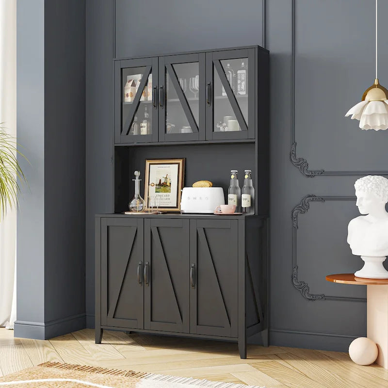 White Kitchen Pantry Cabinet with Glass Doors and Drawers