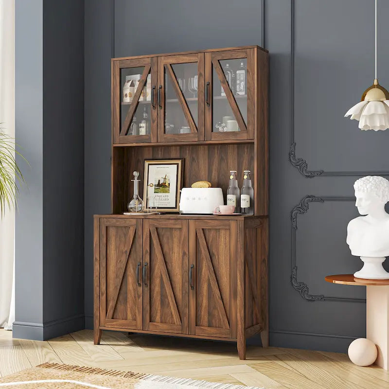 White Kitchen Pantry Cabinet with Glass Doors and Drawers