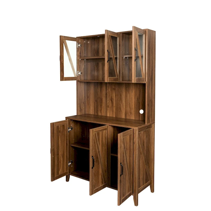 White Kitchen Pantry Cabinet with Glass Doors and Drawers