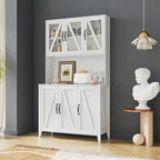 White Kitchen Pantry Cabinet with Glass Doors and Drawers