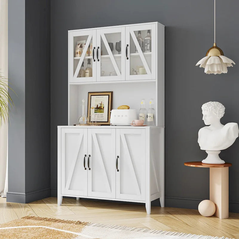 White Kitchen Pantry Cabinet with Glass Doors and Drawers
