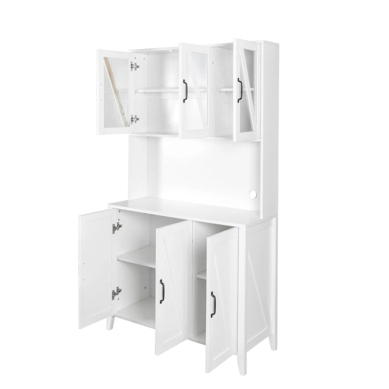 White Kitchen Pantry Cabinet with Glass Doors and Drawers
