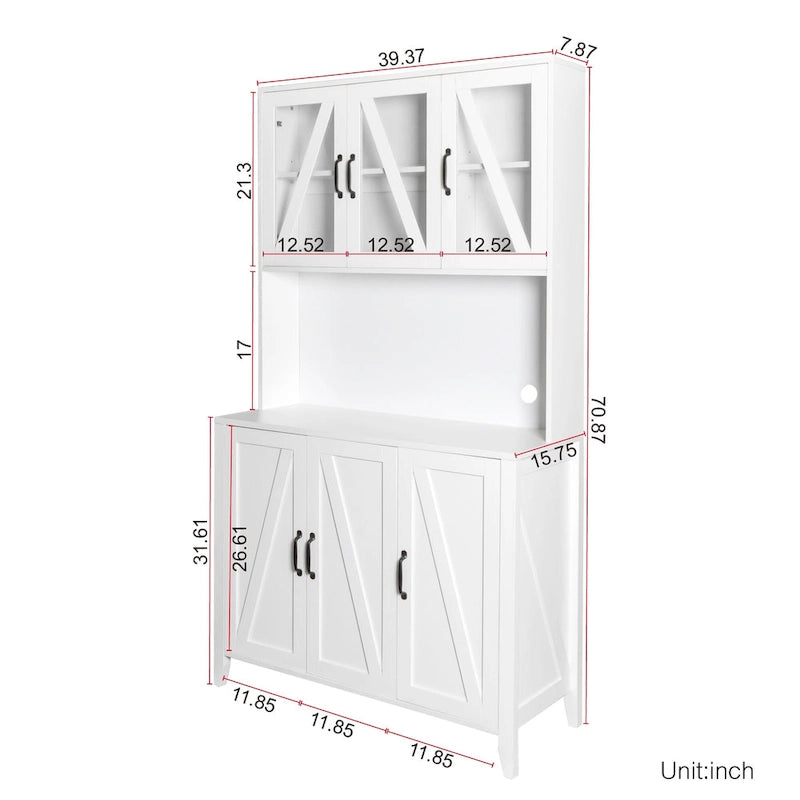White Kitchen Pantry Cabinet with Glass Doors and Drawers