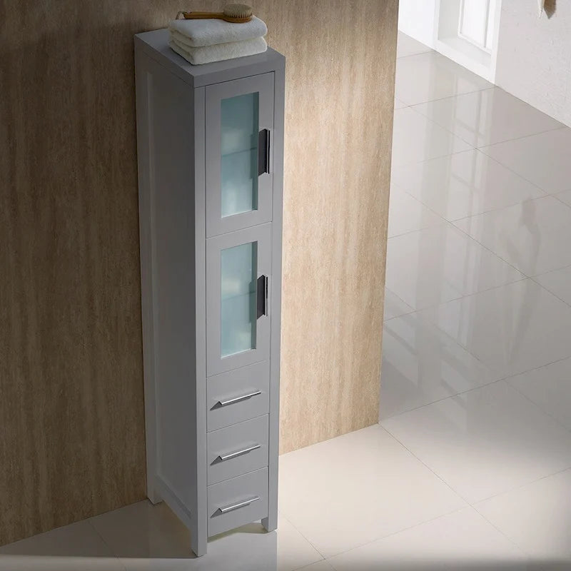 Espresso Plywood Bathroom Linen Tower with Frosted Glass Doors - 68" Tall
