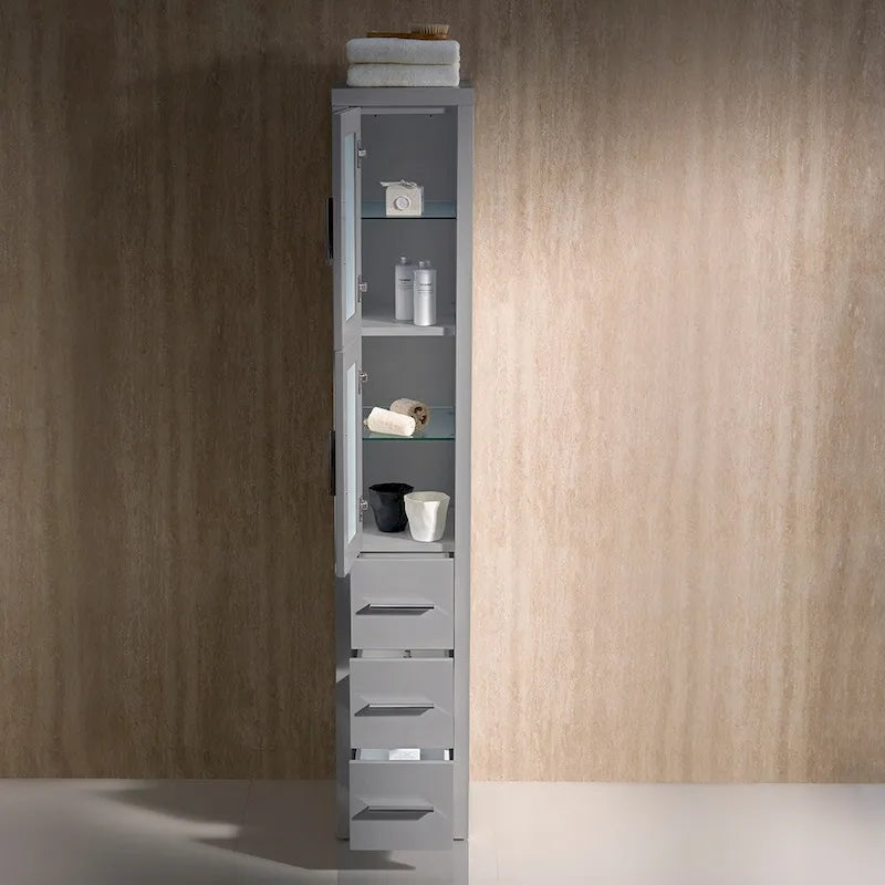 Espresso Plywood Bathroom Linen Tower with Frosted Glass Doors - 68" Tall