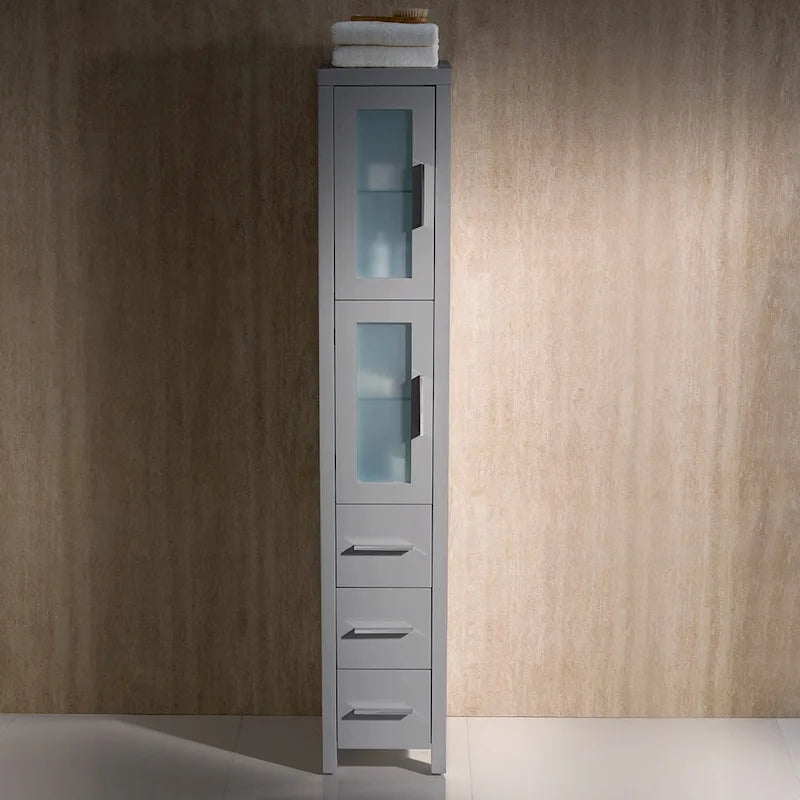 Espresso Plywood Bathroom Linen Tower with Frosted Glass Doors - 68" Tall