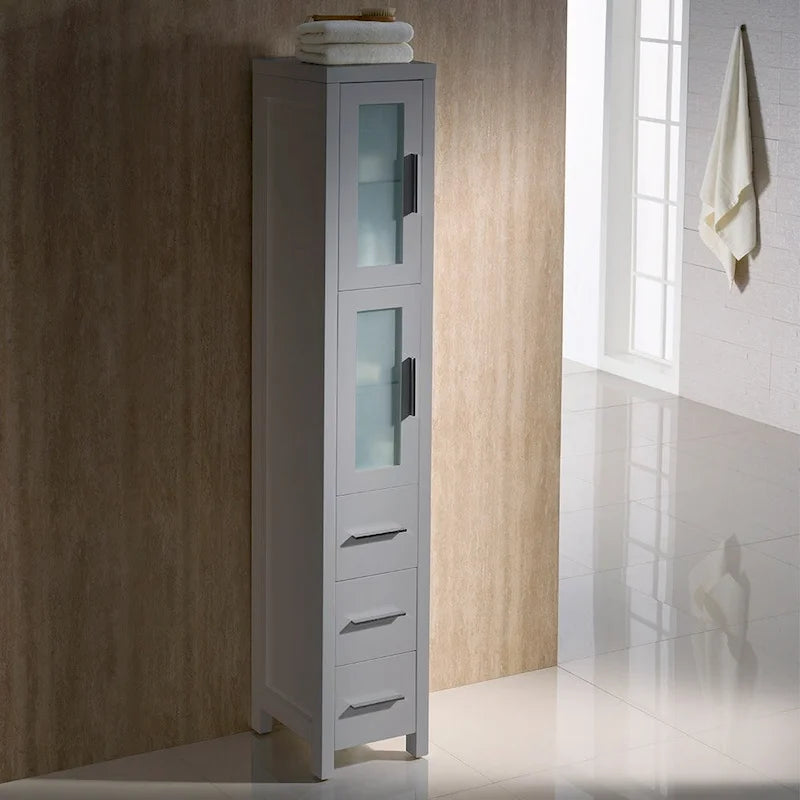 Espresso Plywood Bathroom Linen Tower with Frosted Glass Doors - 68" Tall