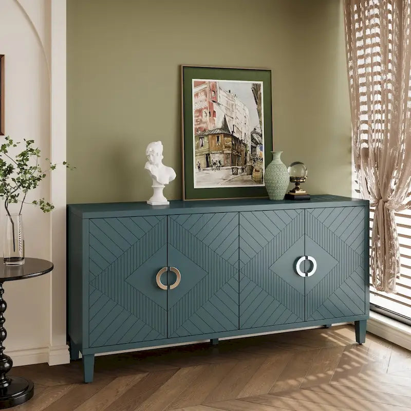 Stylish and Functional 4-Door Storage Cabinet with Pine Legs and MDF