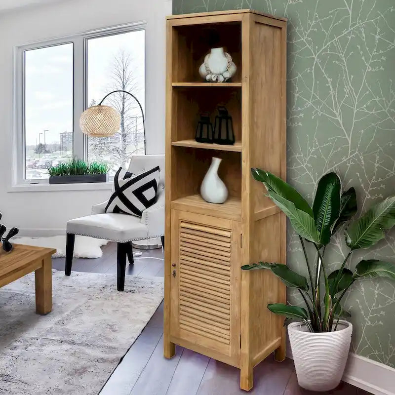 Natural Teak Louvered Storage Cabinet with 3 Shelves