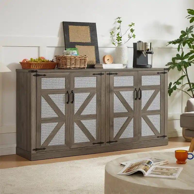 64.96W Rattan Sideboard with 4-Door Storage Cabinet - N/A