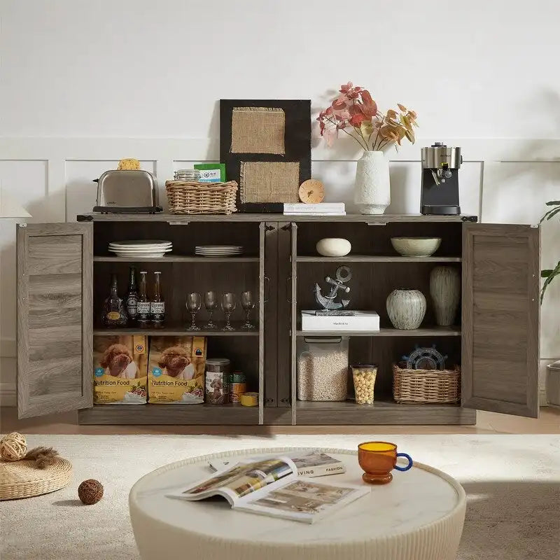 64.96W Rattan Sideboard with 4-Door Storage Cabinet - N/A