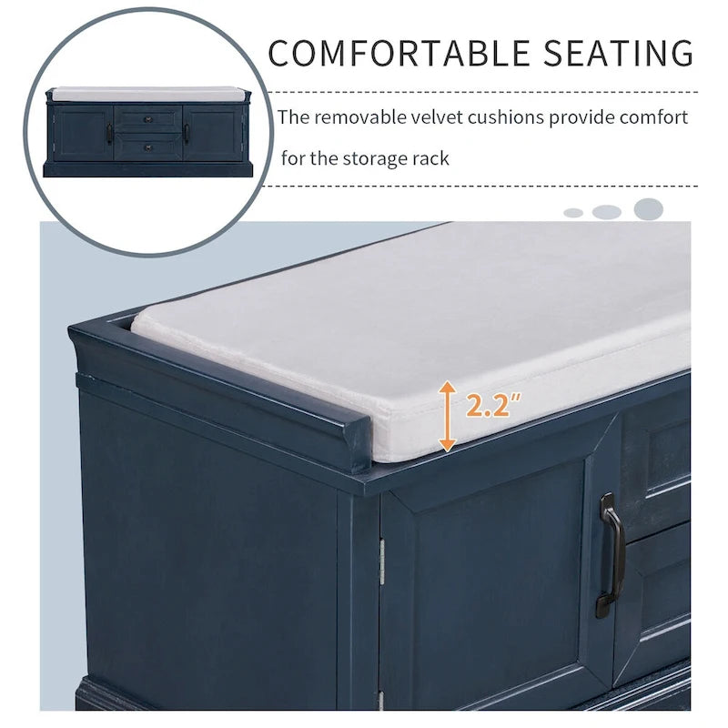 Storage Bench with 2 Drawers and 2 Cabinets, Shoe Bench with Removable Cushion for Living Room, Entryway