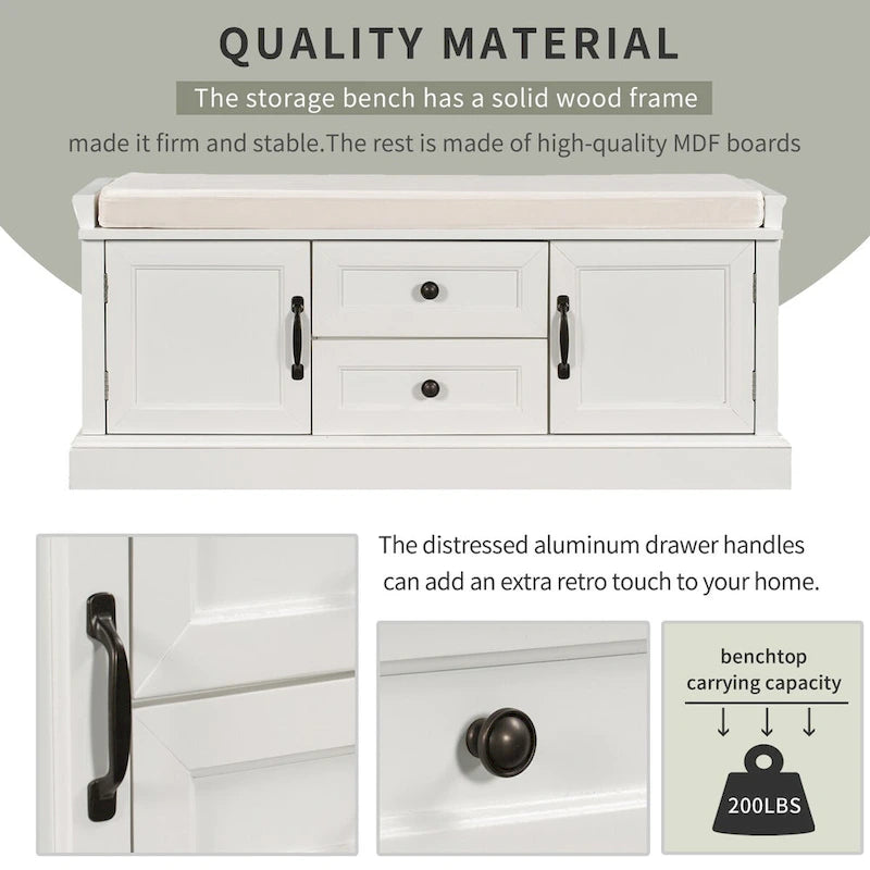 Storage Bench with 2 Drawers and 2 Cabinets, Shoe Bench with Removable Cushion for Living Room, Entryway