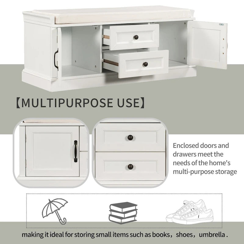 Storage Bench with 2 Drawers and 2 Cabinets, Shoe Bench with Removable Cushion for Living Room, Entryway