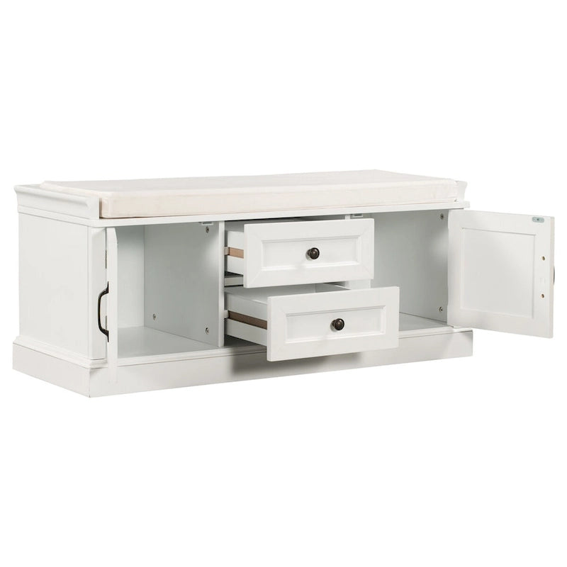 Storage Bench with 2 Drawers and 2 Cabinets, Shoe Bench with Removable Cushion for Living Room, Entryway