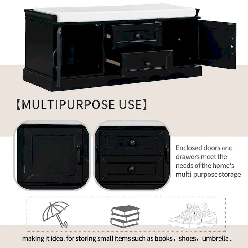 Storage Bench with 2 Drawers and 2 Cabinets, Shoe Bench with Removable Cushion for Living Room, Entryway