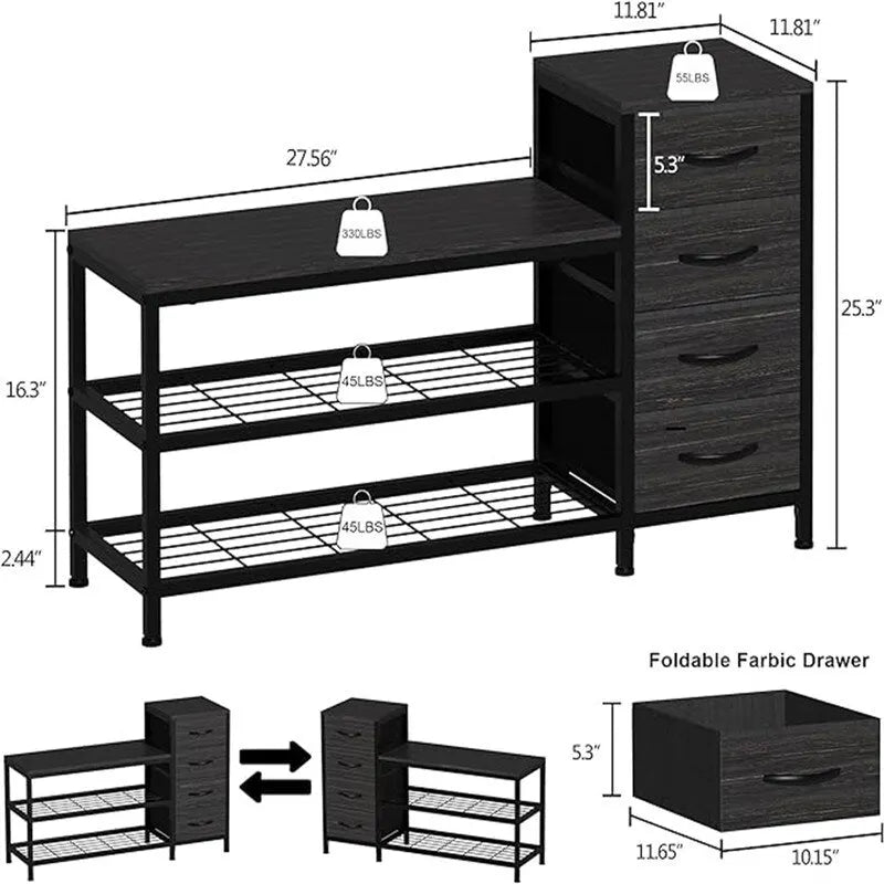 3-Tier Shoe Storage Bench Shoe Rack with 4 Drawers - 39.37D x 11.81W x 25.3H
