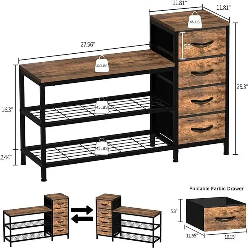 3-Tier Shoe Storage Bench Shoe Rack with 4 Drawers - 39.37D x 11.81W x 25.3H