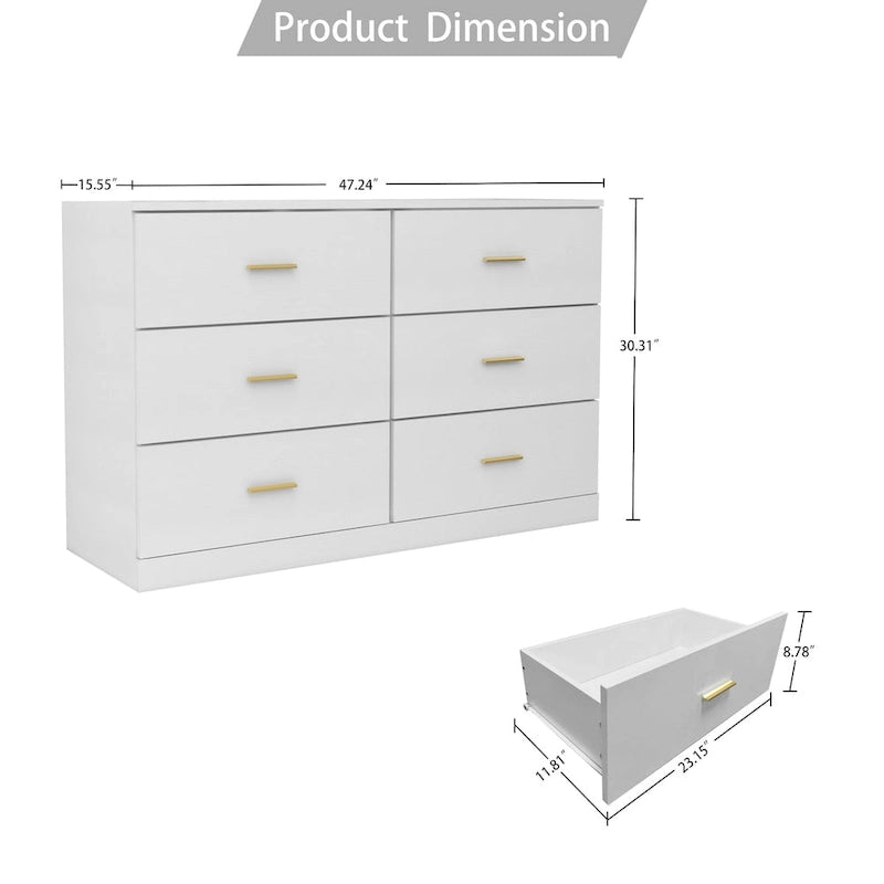 Modern White 6-Drawer Dresser for Bedroom - Ample Storage Wide Chest of Drawers, Sturdy & Safe